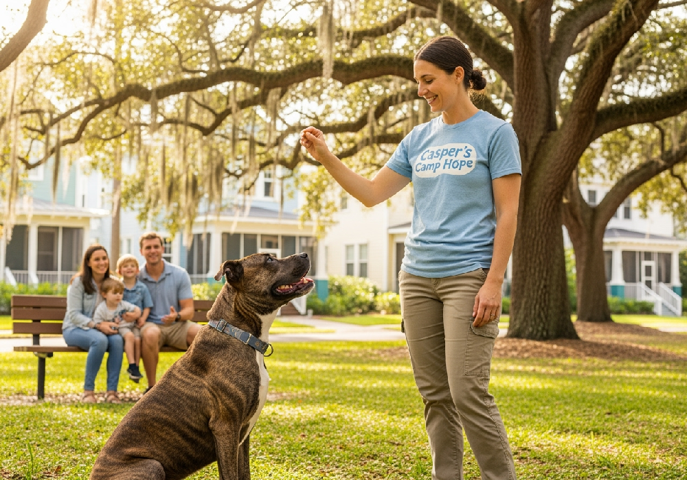 Family in Dockpond Gainesville Fl watching their aggressive dog trained after rehab at Casper’s Camp Hope Dog Training