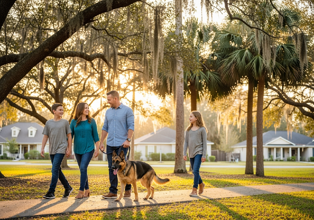 Rocky the behavior rehab German Shepherd walking with his family around Outbrook Gainesville, Fl